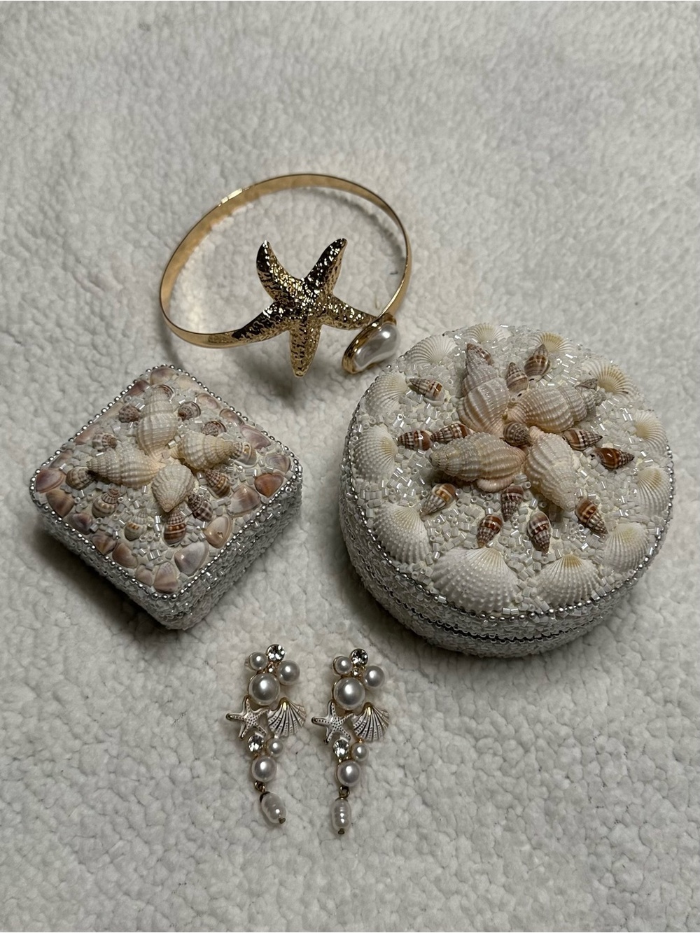 ✨ BUNDLE Jewelry Storage Set Coastal Nautical Beach w/ Pearl earrings & Arm Cuff